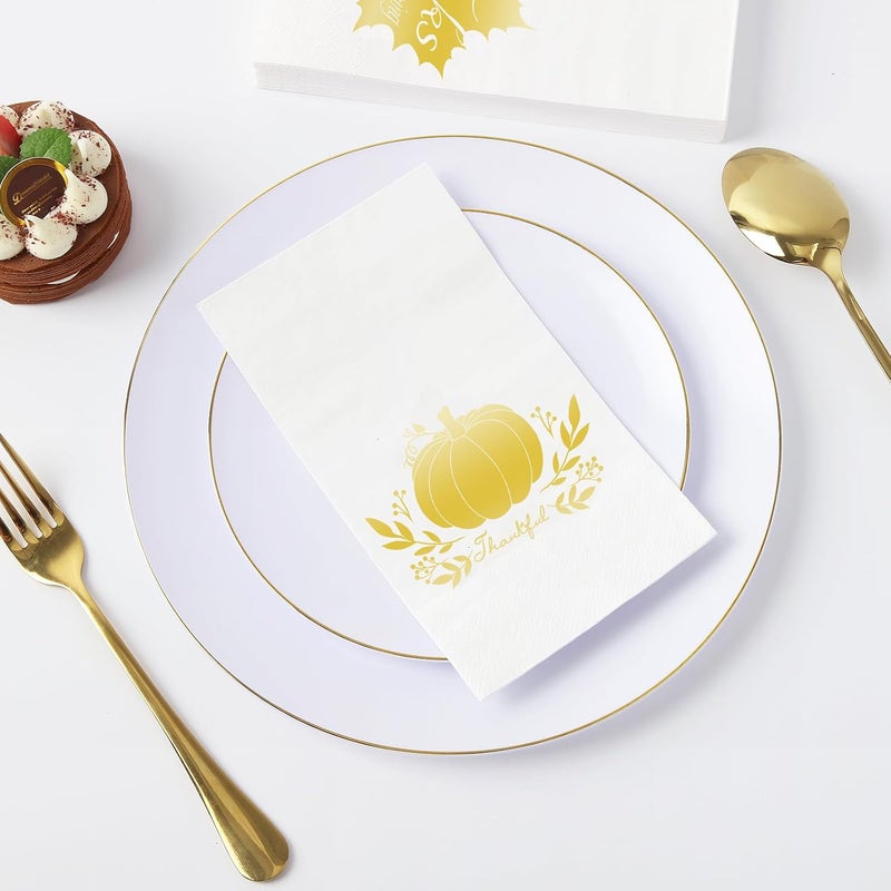 Tamone 100PCS 3-Ply Thanksgiving Napkins - Gold Paper Napkins Maple Design - White and Gold Napkins Disposable - Premium Quality Dinner Napkins Soft and Absorbent for Wedding Party Birthday - Image 5